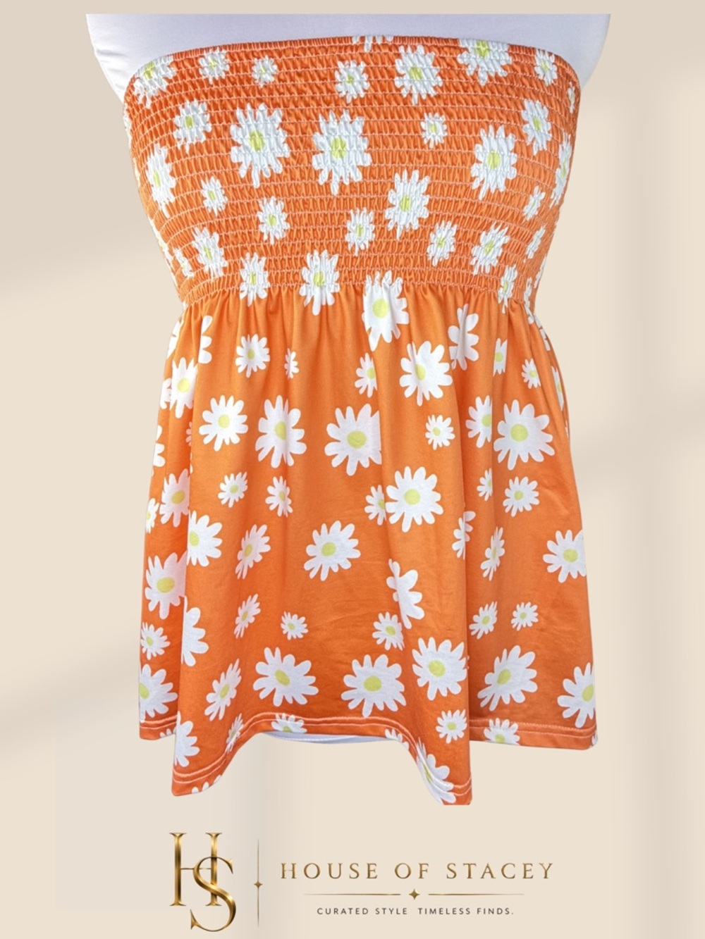 Orange Daisy Smocked Strapless Tube Top XL